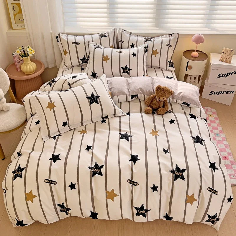 Rynx | Black Striped Duvet Cover Stars Printed Soft Pure Cotton Bedding for All Seasons Elegant Classic Stripe Pattern Duvet Covers