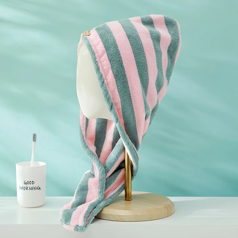 Rynx | Two-tone striped coral fleece hair dryer cap water-absorbent shower cap quick-drying hair towel bathroom supplies