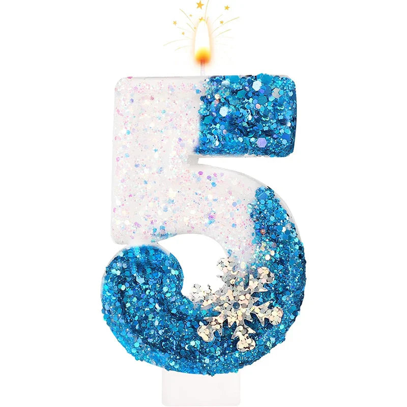 Rynx Frozen Birthday Candles 0-9 Number Glitter Blue Snowflake Cake Candle Kids Girls Birthday Party Cake Topper Decoration Accessories