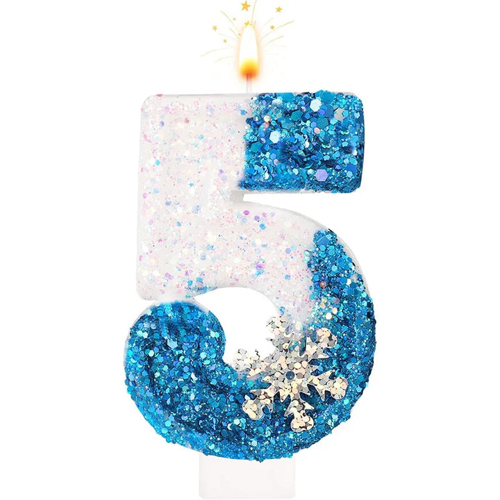 Rynx Frozen Birthday Candles 0-9 Number Glitter Blue Snowflake Cake Candle Kids Girls Birthday Party Cake Topper Decoration Accessories