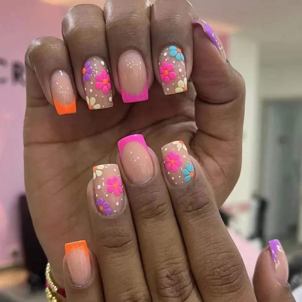 Rynx | 24 Piece Square Press-on Nails Set with Pink Flower Patterns Full Coverage Acrylic Nail Tips Glue for Stylish Women/Girls