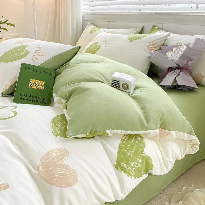 Rynx | Sweet green heart-shaped princess girl duvet covers Simple duvet cover bed sheet pillowcase washed cotton bedding