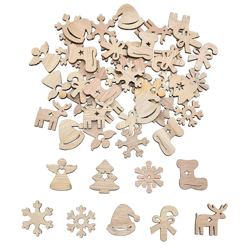 Rynx 50 pieces Christmas natural wood chips Santa snowflake Christmas tree hanging ornaments pendants Christmas decoration DIY craft
