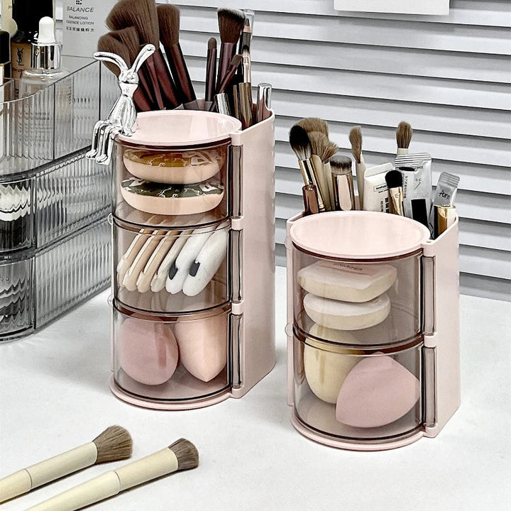 Rynx | Rotatable Powder Puff Storage Box Dustproof Desktop Beauty Egg Air Cushion Shelf Multilayer Lipstick Makeup Brush Storage Rack