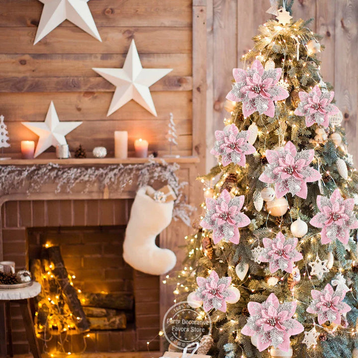 Rynx 5/10pcs Glitter Pink Christmas Flowers Xmas Tree 14cm Artificial Flowers Ornaments 2024 Christmas Decoration For Home New Year