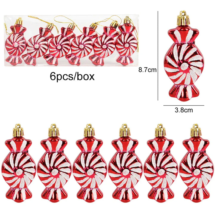 Rynx 6pcs/box Christmas Tree Pendant Red Star Candy Snowflake Xmas Ball Ornament New Year 2025 Home Decoration Noel Gift Navidad