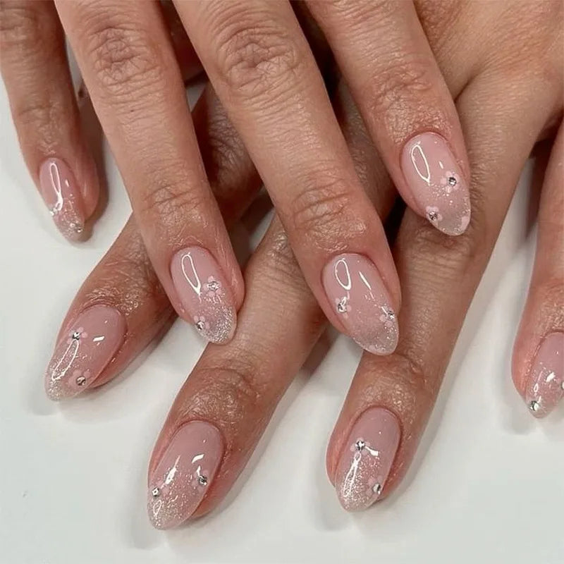 Rynx | Cute Small Flowers Nude Color Nail Art Simple Style Artificial Nails Removable Ready-made Artificial Nails To Stick On with Glue