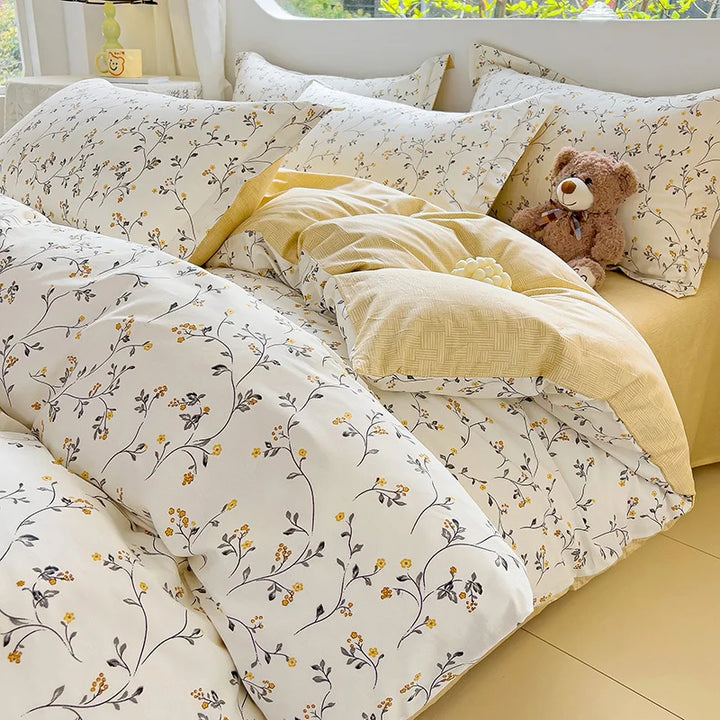 Rynx | Hot Flora Style 100 % Cotton Bedding Set Printed Four Piece Set Pure Cotton Sheet Set Duvet Cover Queen King Size