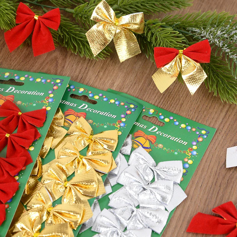 Rynx 12/24pcs Christmas Bow Red Gold Mini Christmas Tree Ribbons Charms Ornaments for Christmas Decoration New Year Party DIY Gifts