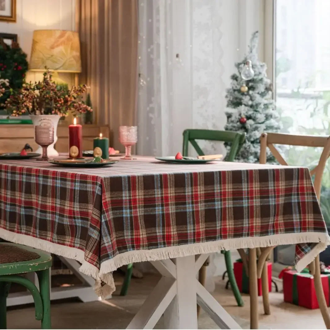 Rynx Christmas Grid Tablecloth with Fringes Rectangular Polyester Cotton Dustproof Table Surface Cover, for Home Celebration Birthday Decor