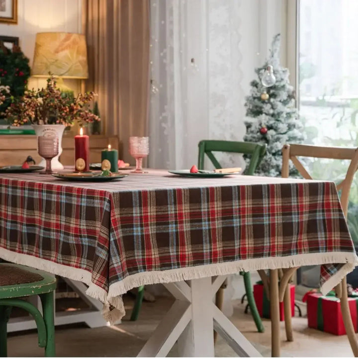 Rynx Christmas Grid Tablecloth with Fringes Rectangular Polyester Cotton Dustproof Table Surface Cover, for Home Celebration Birthday Decor
