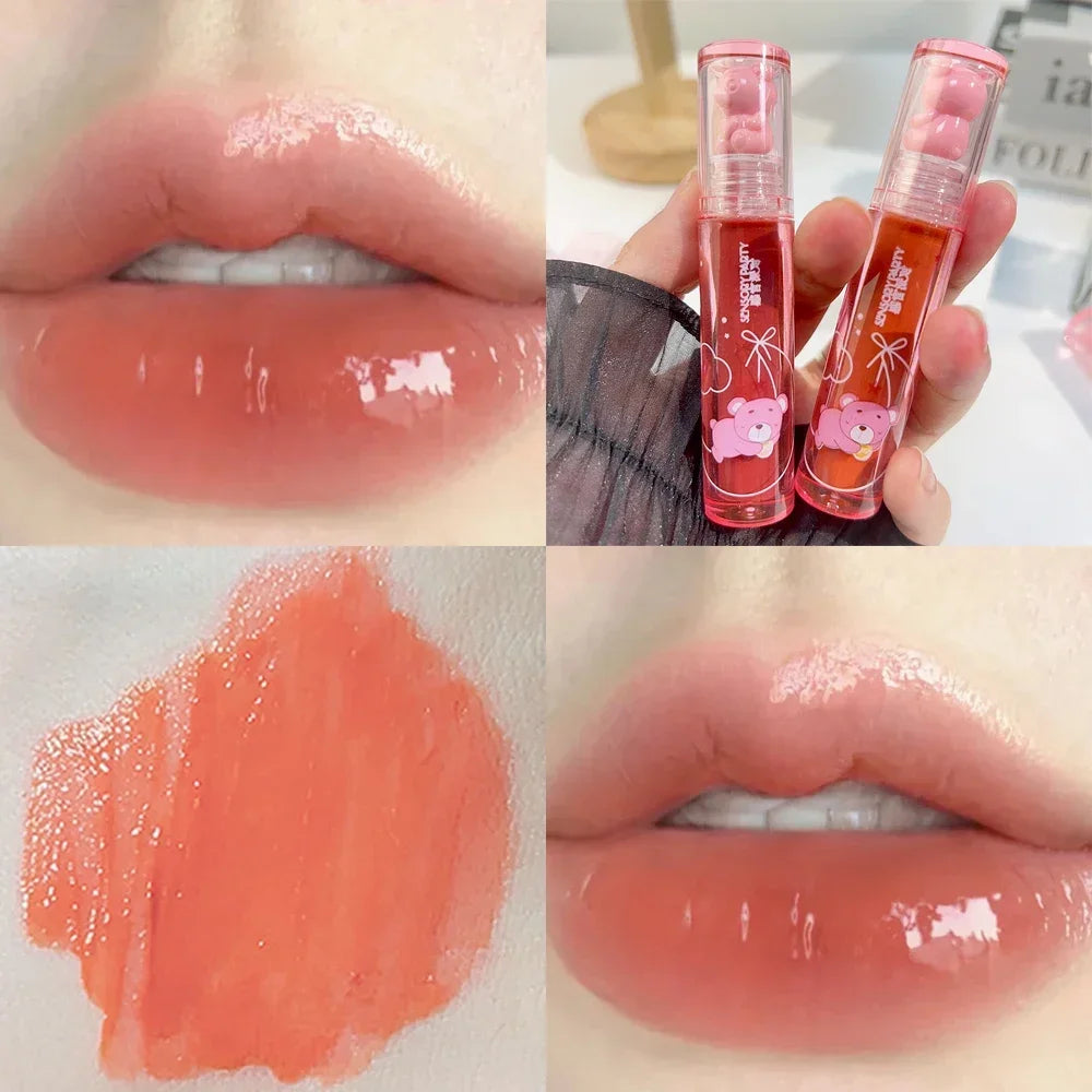 Rynx | Sweet Pink Bear Waterlight Lip Gloss Long-lasting Crystal Shiny Lip Lacquer Mirror Nude Liquid Lipstick Women's Lip Makeup Cosmetics