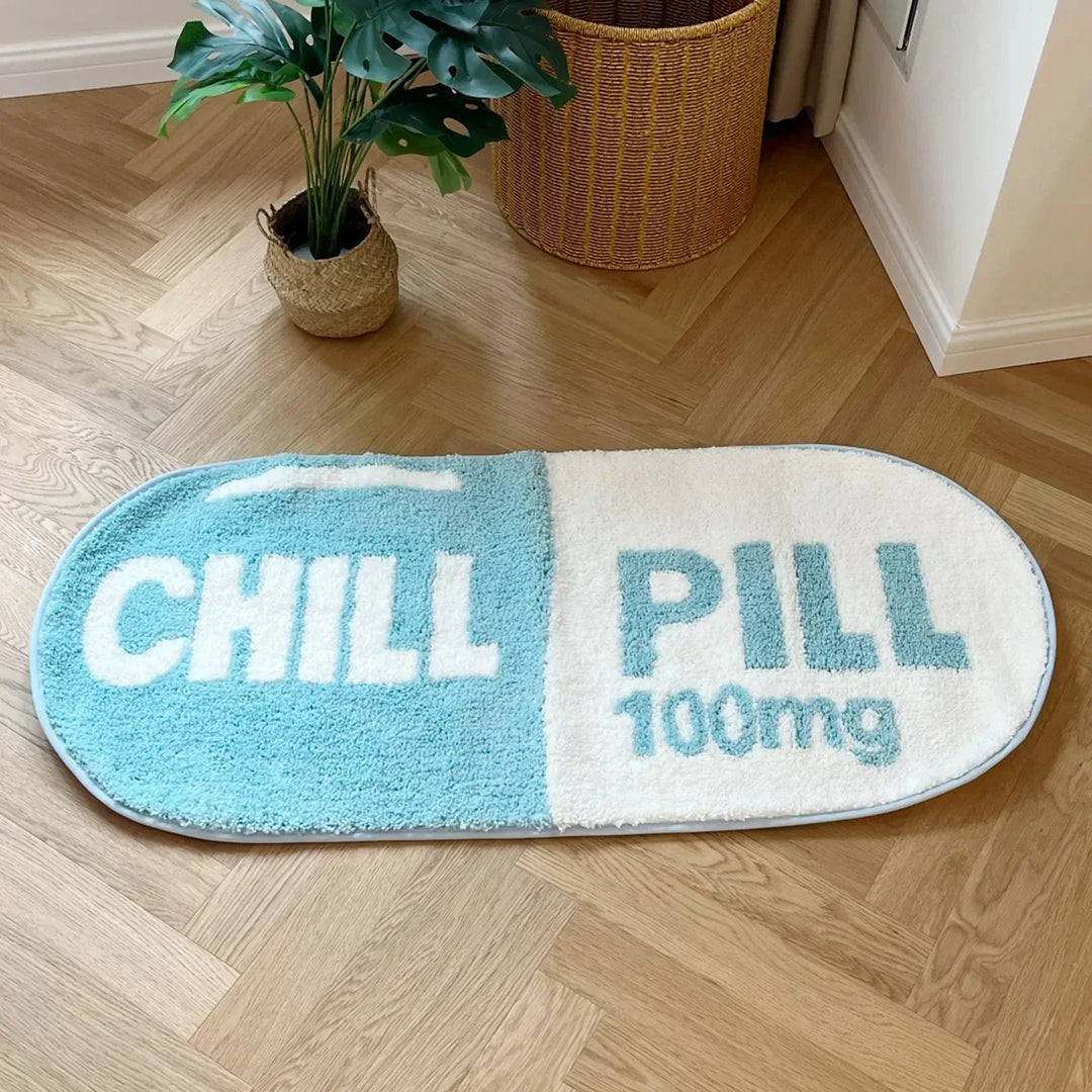 Rynx | Pink and Blue Chill Pill Flocking Rug Oval Tufted Rug Bath Mat Door Mat Home Decor Rug Camping Mat Waterproof Non-Slip
