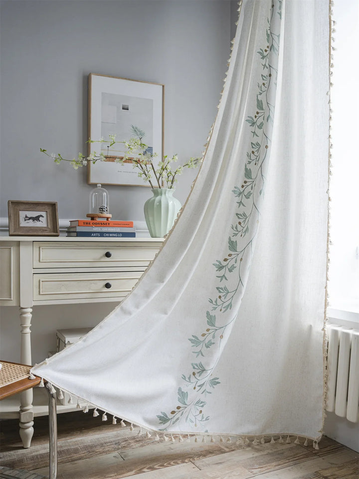 Rynx Cotton-Linen Embroidery Curtains Street Bags Shadow Curtain Tassel for Kitchen Bedroom Living Room Bay Window Closet Curtain