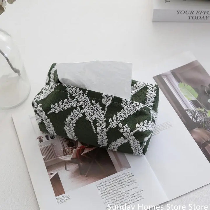 Rynx | Green Forest Plant Cotton Linen Fabric Embroidery Paper Box Napkin Paper Holder Tissue Box Bedroom Table Decoration Ornament Car Napkin