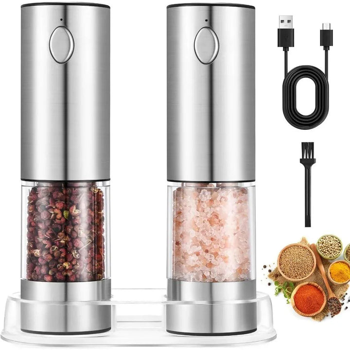 Lisslune | USB rechargeable electric salt and pepper mill set with adjustable grinding positions and illuminated LED