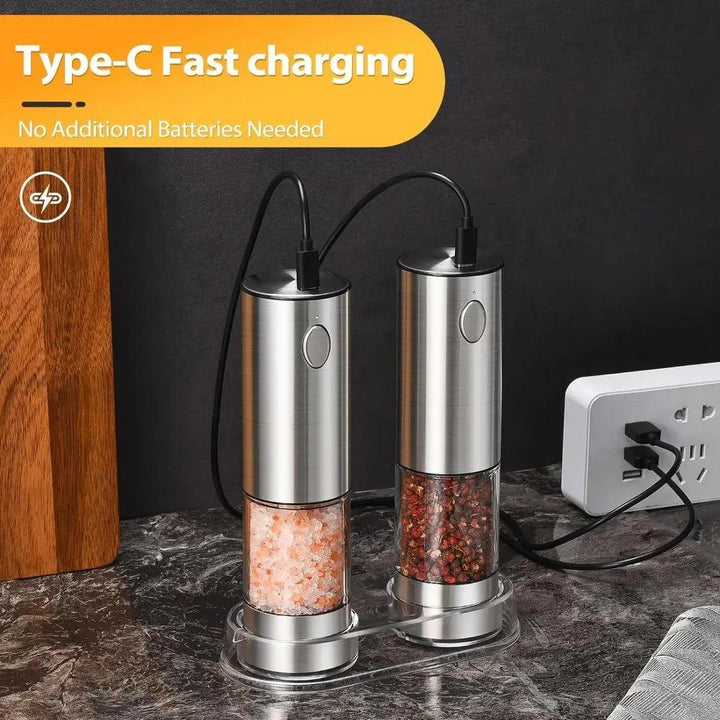 Lisslune | USB rechargeable electric salt and pepper mill set with adjustable grinding positions and illuminated LED
