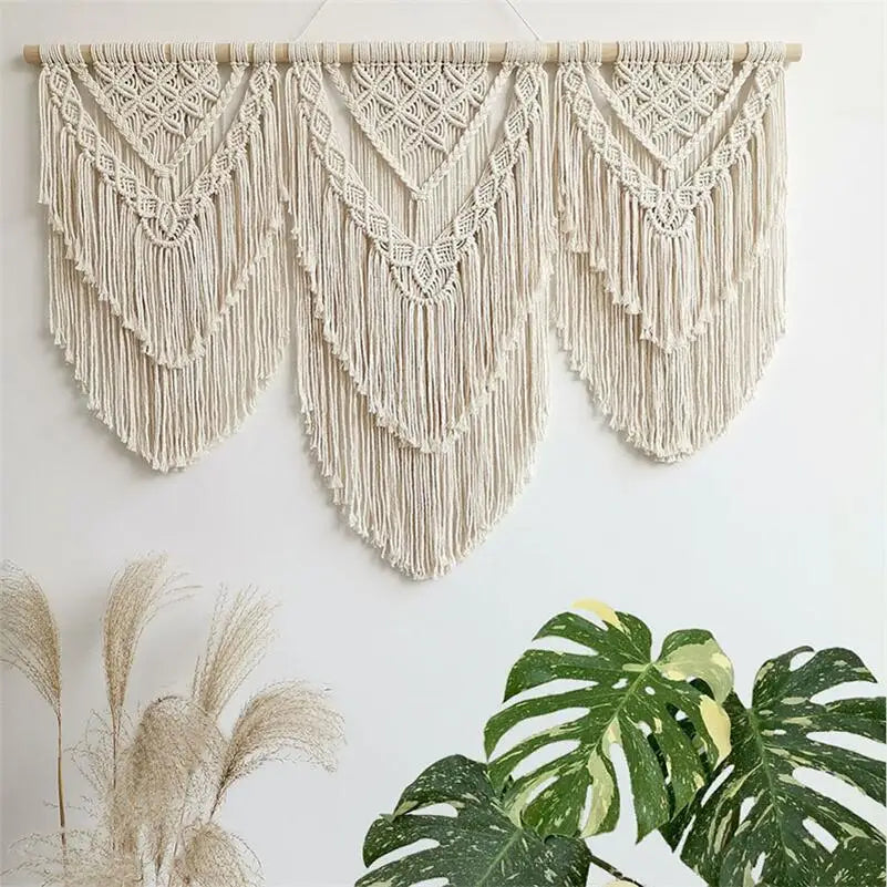 Rynx | Hand-knotted macrame tassel pendant wall hanging wall tapestry with wooden rod Hand-knotted Bohemia tassel curtain rug