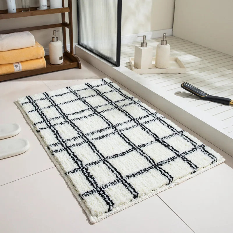 Rynx | Geometric Tufting Bathroom Mat Bath Rug Soft Black White Grid Pad Living Room Carpet Non-Slip Hall Home Door Decor