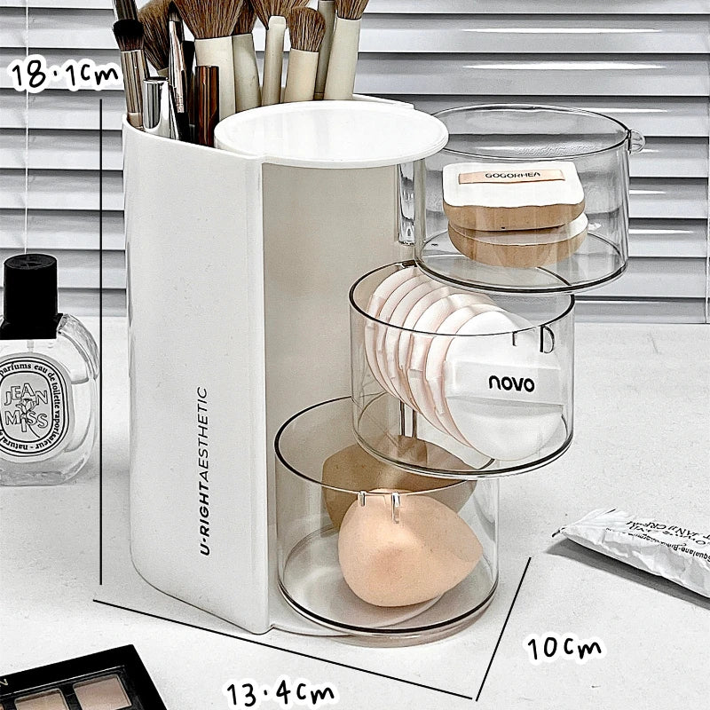 Rynx | Rotatable Powder Puff Storage Box Dustproof Desktop Beauty Egg Air Cushion Shelf Multilayer Lipstick Makeup Brush Storage Rack