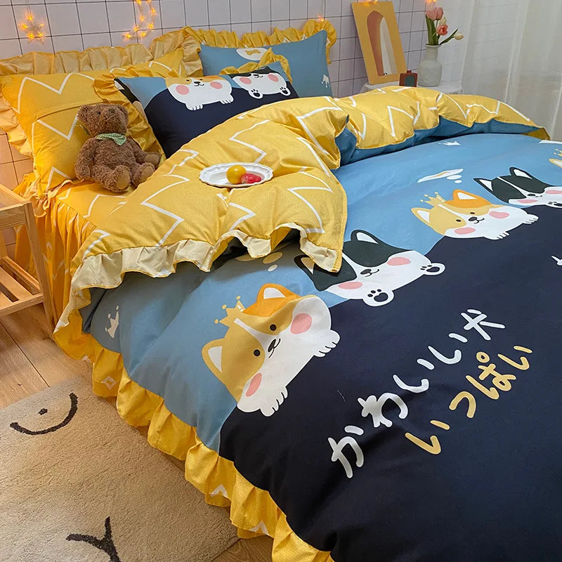 Lisslune | Korean-Vierteil-Set Herbst Winter Bettwäsche Prinzessinnenstil Spitzenbettbezug Blatt Frühling und Sommer Bett