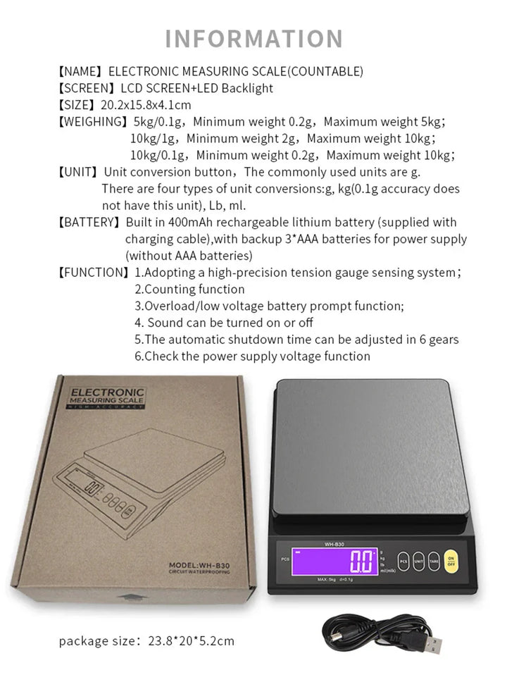 Lisslune | 5 kg/0.1 g and 10 kg/1 g digital electronic kitchen scale, LCD display, fully waterproof stainless steel weighing tool for baking