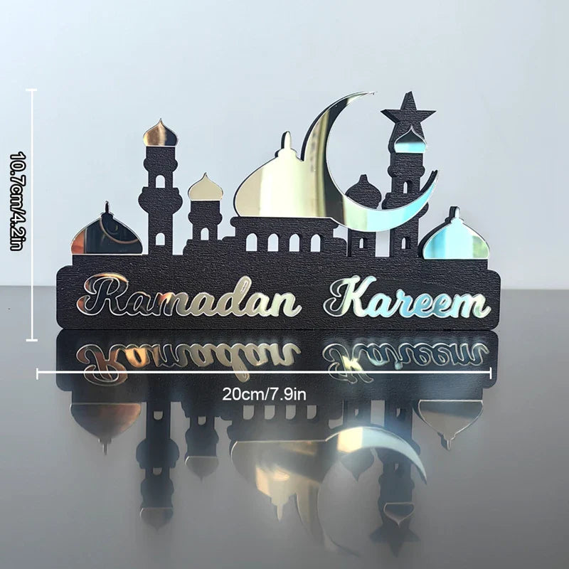 Rynx Ramadan Kareem Table Ornament Wood Acrylic Eid Mubarak Moon Star Castle DIY Table Decoration Islamic Celebration Home Decor