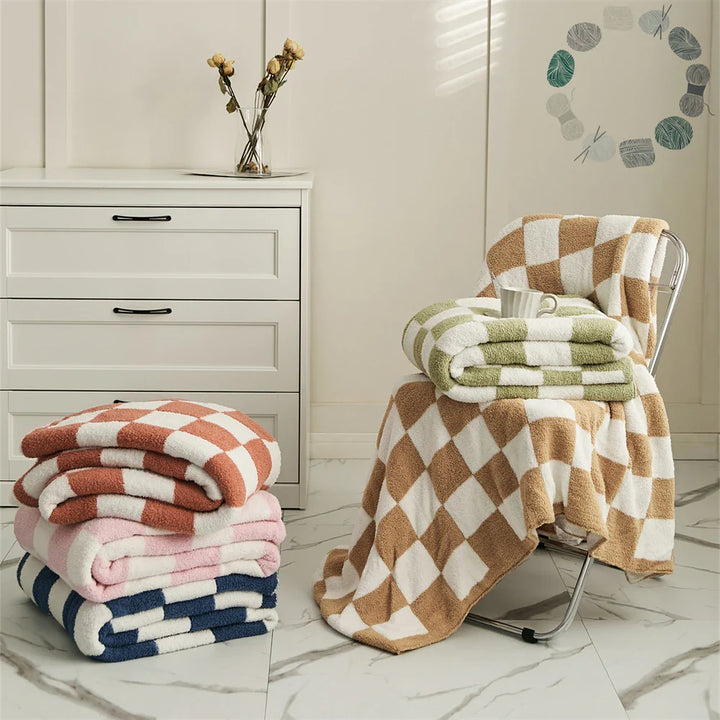 Rynx | Retro Checkered Plaid Knit Fleece Blankets Soft Cozy Thread Blanket Sofa Blanket Dust Cover Tassel Blankets For Bed