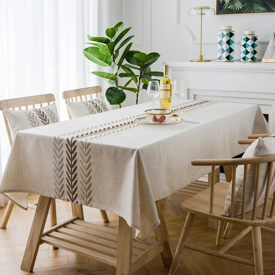 Rynx Embroidered Tablecloth, Cotton-Linen Simple Foldable Dustproof Tablecloth, for Kitchen Dining Room, Party, Birthday Table Decor