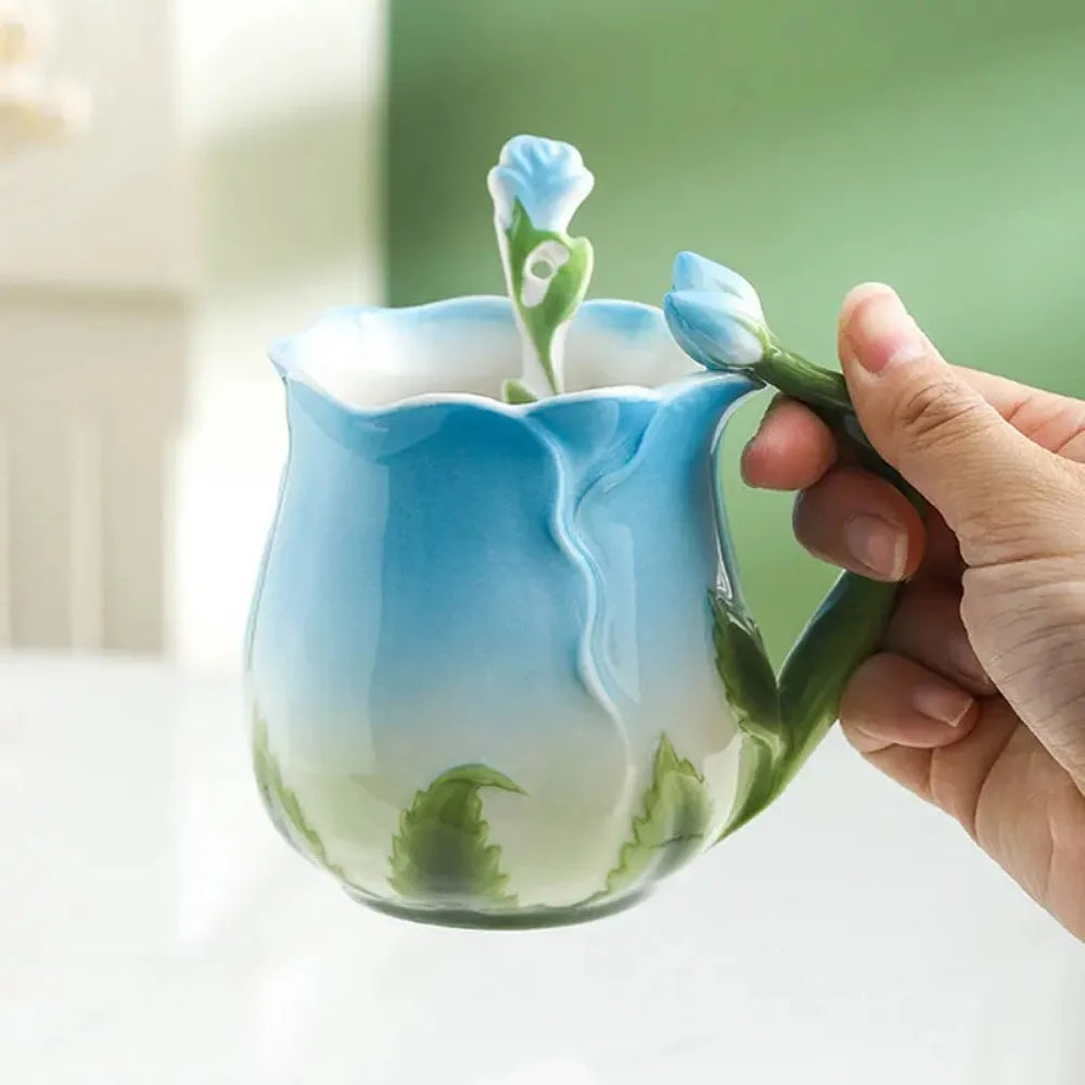 Lisslune | 3D Rose Flower Coffee Mug Ceramic Coffee Mugs Cute Aesthetic Water Cups with Spoon Summer Winter Drinking Utensils Valentine's Day Gifts