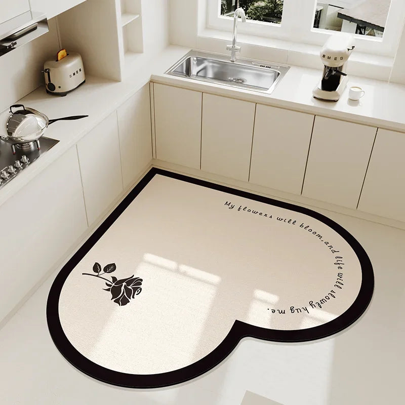 Rynx | Beige Cream Style Heart Pattern Kitchen Mat Irregular Water Absorbent Decorative Mat Easy to Clean Cuttable PVC Carpet