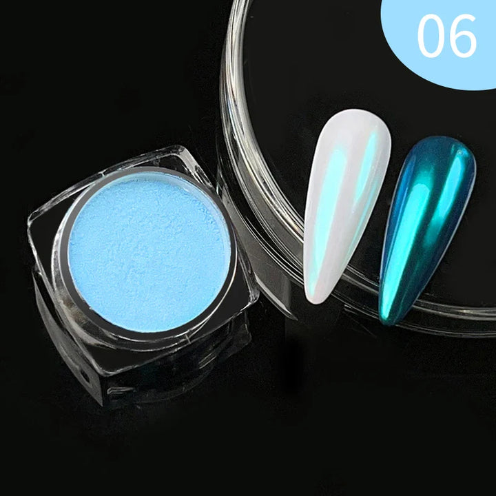 Rynx | Aurora Pearl White Nails Glitter Dust Chrome Gradient Rubbing on Powder Mirror Reflective Magnetic Pigment Nail Art Decorations