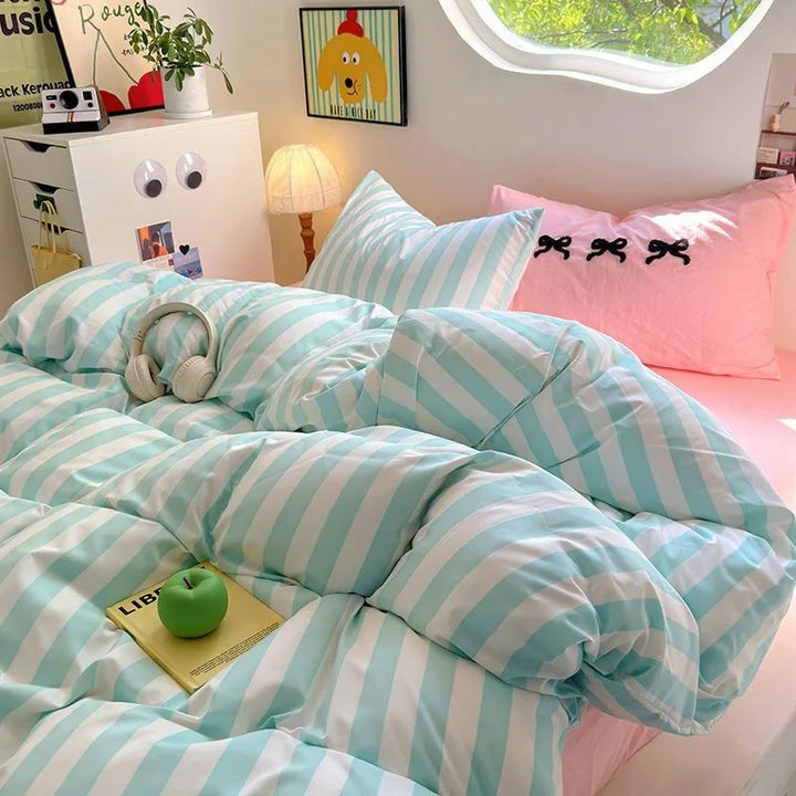 Rynx | Korean Bedding Set INS Girls Striped Soft Washed Cotton Bed Sheet Set Queen King Size Duvet Set Pillowcases Bed Linen