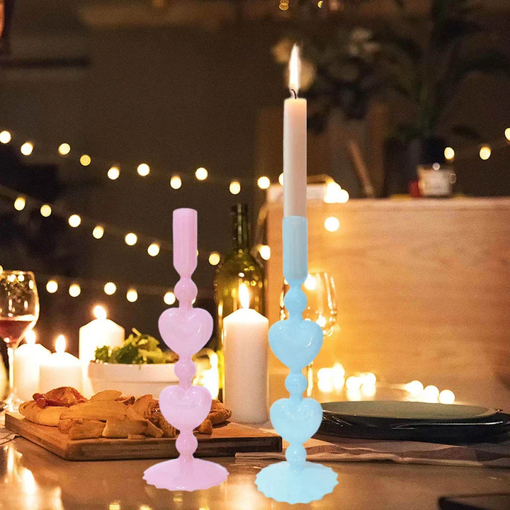 Lisslune | Retro Taper Candle Holder Red Heart Shape Glass Candle Holder Wedding Table Decoration Home Party Glass Vase Decor