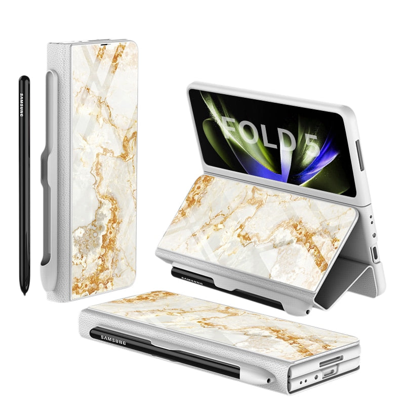 Lisslune | Shockproof Armor Case Glass Cover Stand Insert Card Leather Case for Samsung Galaxy Z Fold 5/4
