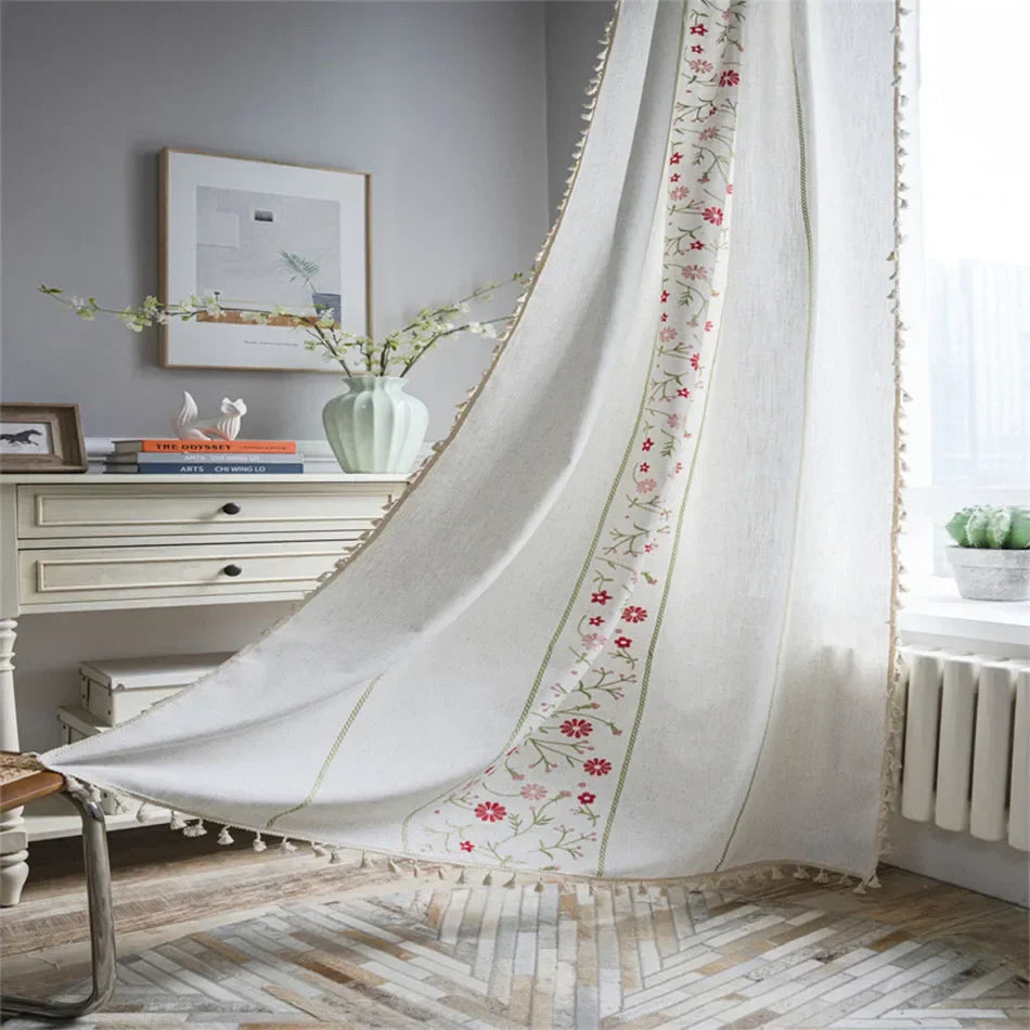 Rynx Cotton-Linen Embroidery Curtains Street Bags Shadow Curtain Tassel for Kitchen Bedroom Living Room Bay Window Closet Curtain