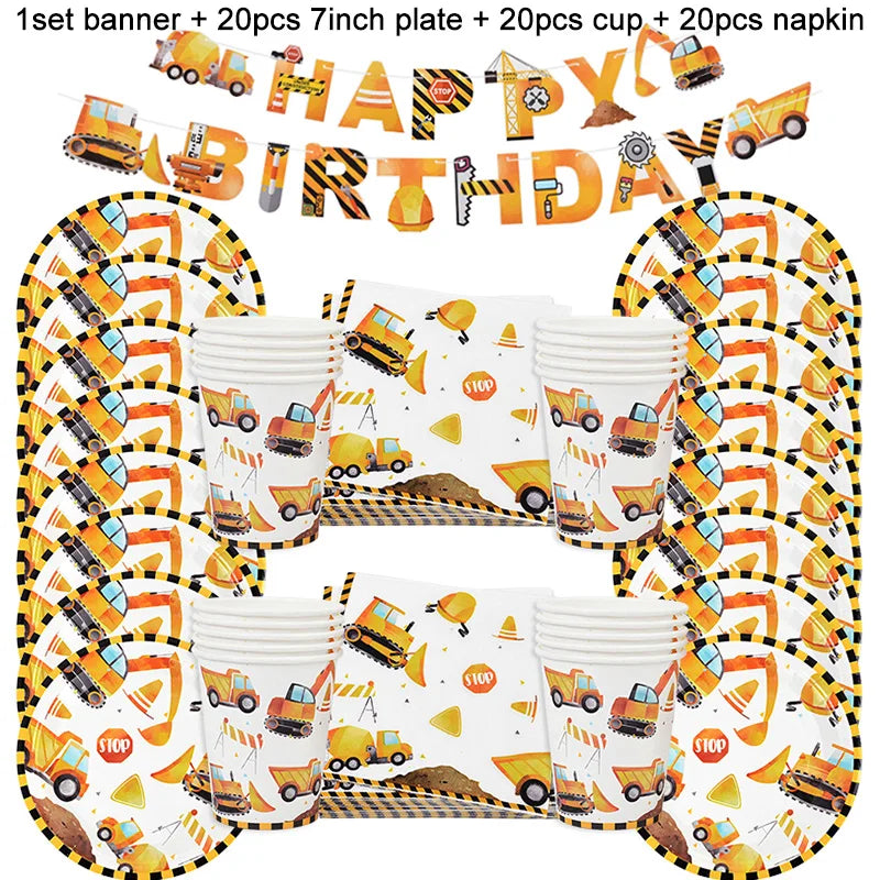 Rynx Construction Party Disposable Tableware Kids Boys Engineering Vehicle Theme Birthday Party Decorations Truck Balloon Supplies