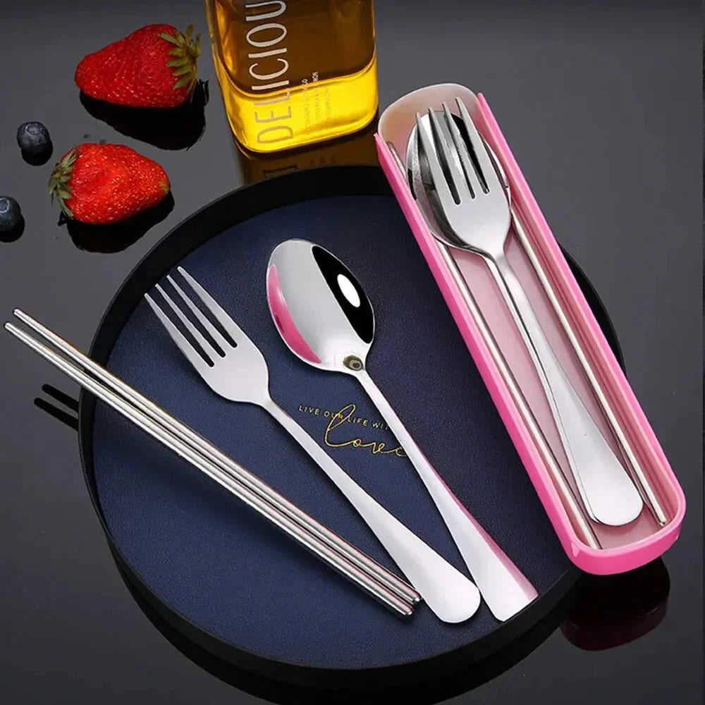 Rynx | 3 pieces/set stainless steel portable cutlery set - durable and collectible fork, spoon, chopsticks with box perfect for outdoor use