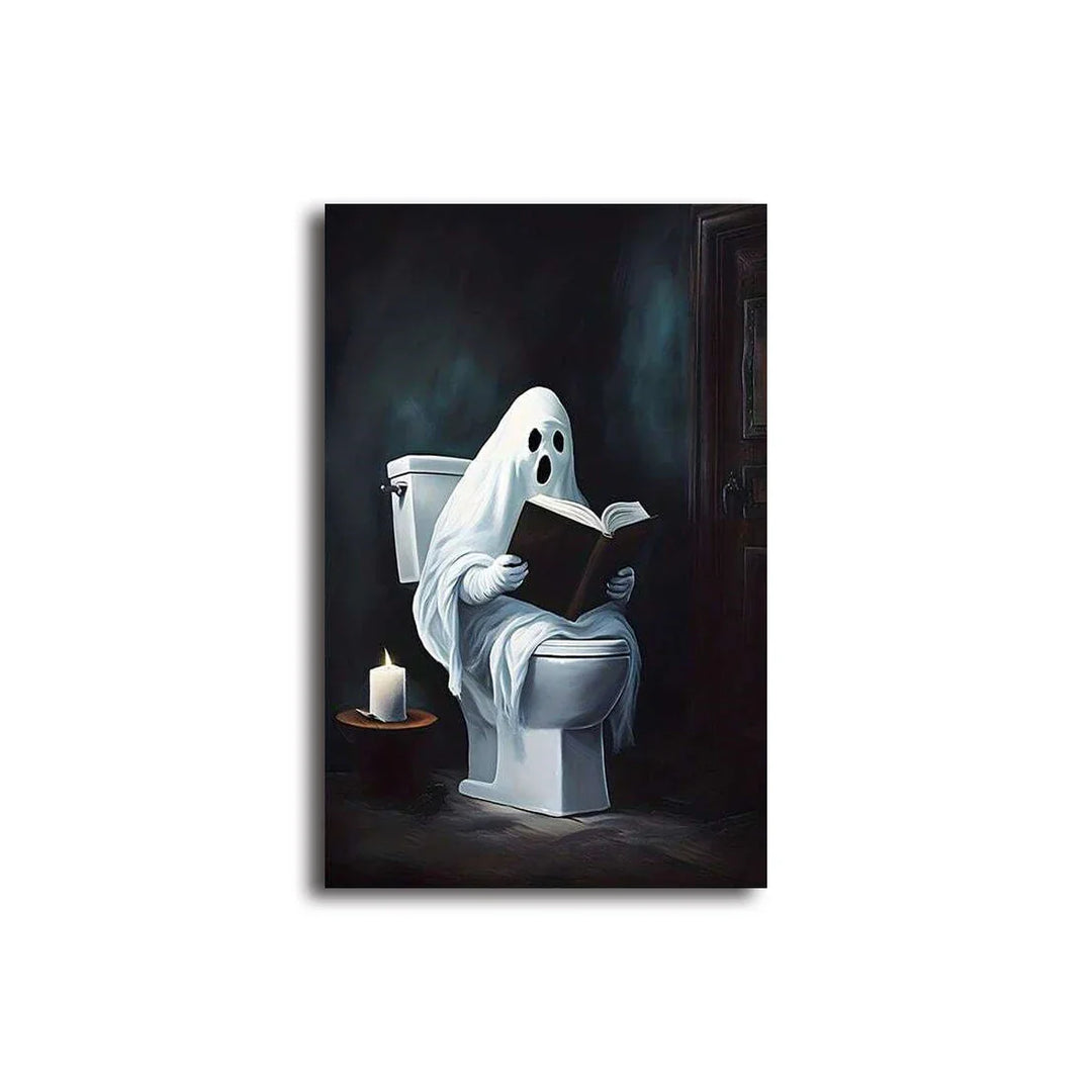 Rynx | Retro Sweet Ghost Companion & Reads Book Canvas Prints Monster Holds Black Cat Wall Art Poster for Living Room Halloween Decor