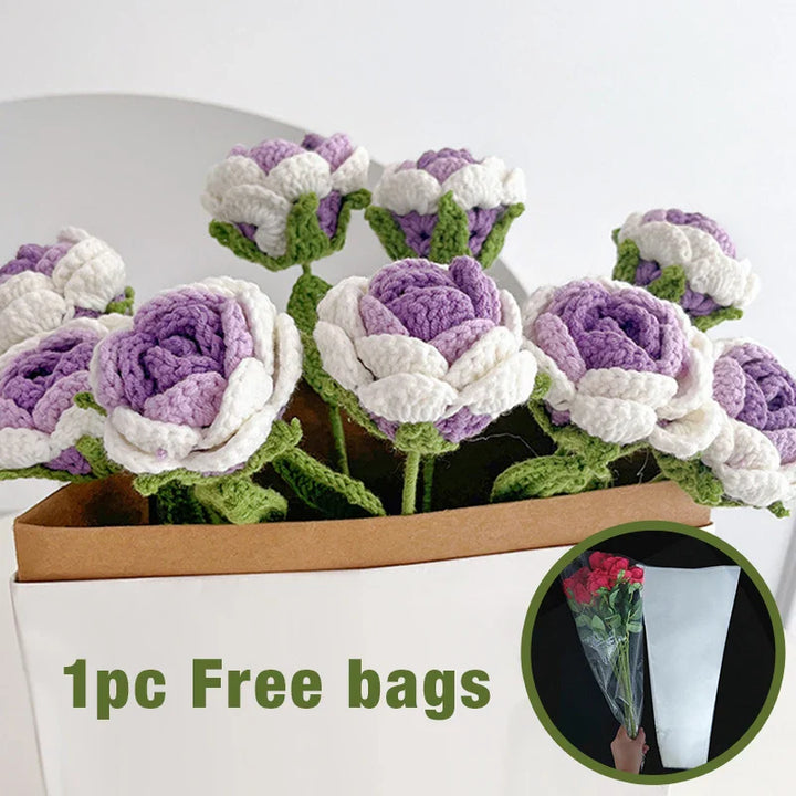 Rynx | 1PC knitted flower rose tulips daisies artificial flower bouquets wedding party decoration hand knitted crochet woven bouquet