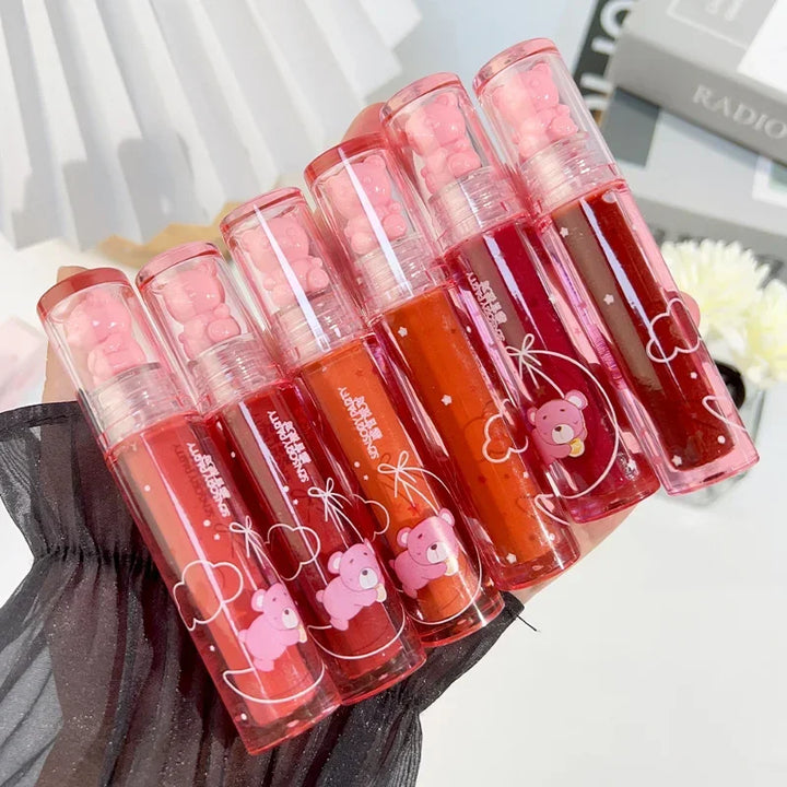 Rynx | Sweet Pink Bear Waterlight Lip Gloss Long-lasting Crystal Shiny Lip Lacquer Mirror Nude Liquid Lipstick Women's Lip Makeup Cosmetics