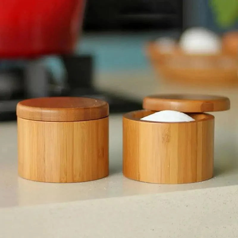 Lisslune | Bamboo salt box organizer with magnetic rotating lid - Stylish kitchen essential