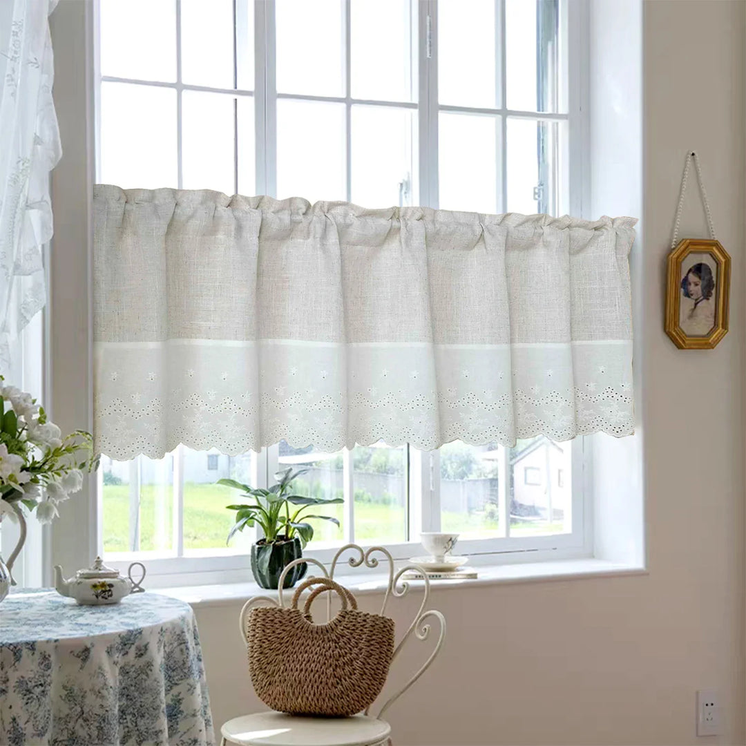 Rynx | Beige Splicing Short Curtains Valance For Kitchen Café Barrier Natural Linen Mixed Semi-Transparent Small Half Curtain Voile