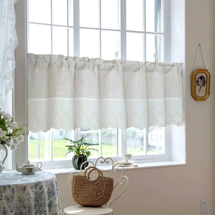 Rynx | Beige Splicing Short Curtains Valance For Kitchen Café Barrier Natural Linen Mixed Semi-Transparent Small Half Curtain Voile