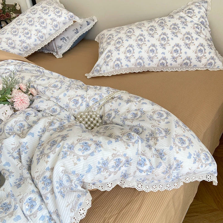 Lisslune | Ins Floral Bettwäsche Set Spitze Romantisch Für Frauen Mädchen Flach Spannbetttuch Mit Orange Kissenbezügen Weiches Gewaschenes Baumwolle Vollgröße
