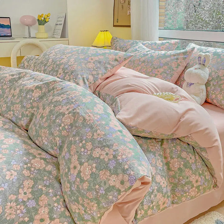 Rynx | Bedding set INS Girls Cherry Soft washed cotton bed sheet Queen King size duvet set Comforter set pillowcase bedding
