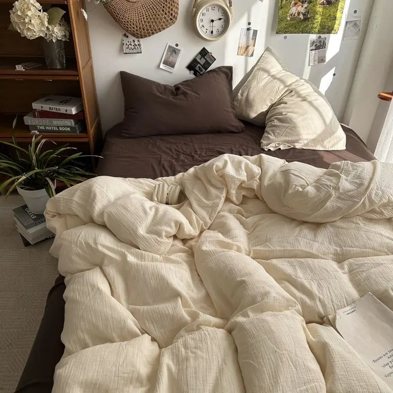 Rynx | Bedding Set Ins Ambiance Blue Coffee Grid Mixed With Washed Cotton Minimalist Four-Piece Set Fitted Sheet Duvet Cover
