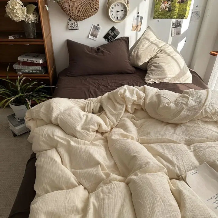 Rynx | Bedding Set Ins Ambiance Blue Coffee Grid Mixed With Washed Cotton Minimalist Four-Piece Set Fitted Sheet Duvet Cover