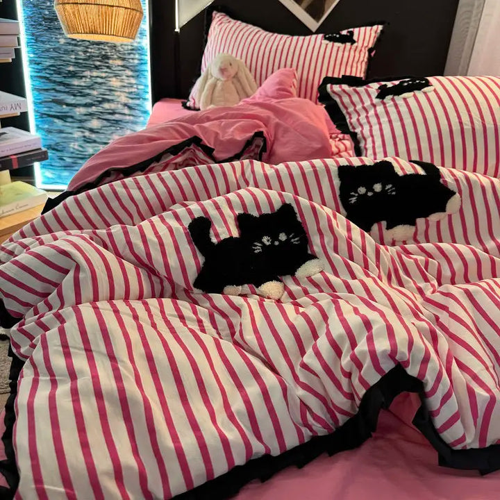 Rynx | Korean Style Bedding Set Green Stripes Black Cat Embroidery Washed Cotton Duvet Cover Cute Cartoon Bedding Blanket Set