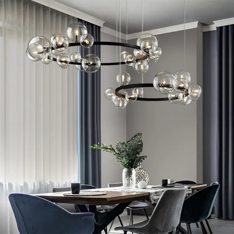 Lisslune | Modern creative metal chandelier lighting: 7/10 clear glass bubbles, long round design with G9 light socket
